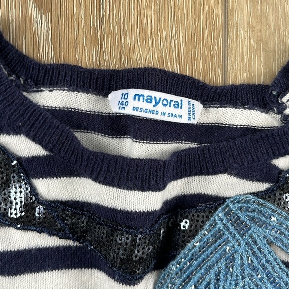 Mayoral Navy Blue & White Striped Sweater with Sequin Bow Detail - Picture 4 of 6